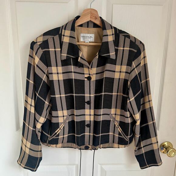 Vintage Emanuel Ungaro Boxy Plaid Drawstring Jacket | 90's Designer Black Tan - Picture 2 of 7